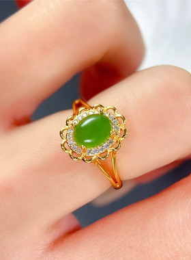 天然和田碧玉戒指女正品S925纯银绿色宝石玉指环活口日韩时尚礼物