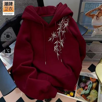 男女童酒红色纯棉连帽卫衣