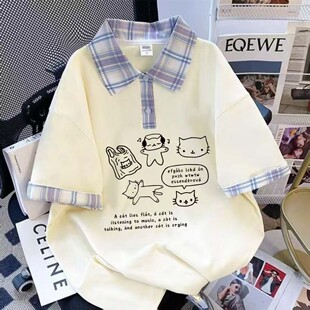 女童学生短袖Polo衫 2026新款中大童可爱猫咪印花格子翻领休闲T恤