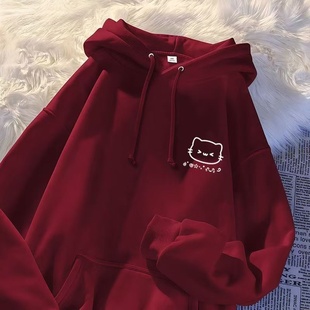 男女童酒红色小猫头印花卫衣新款秋冬季卡通宽松学生校园风外套衫