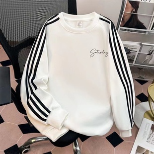 女童潮牌白色三条杠长袖t恤新款中大童无帽圆领美式加绒卫衣上衣