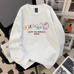 女童纯棉圆领卫衣秋冬季2026新款中大童薄款加绒宽松印花学生上衣