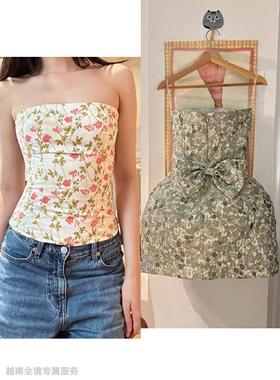 越在线越南小众afrodille新款性感辣妹碎花抹胸/碎花蝴蝶结连衣裙