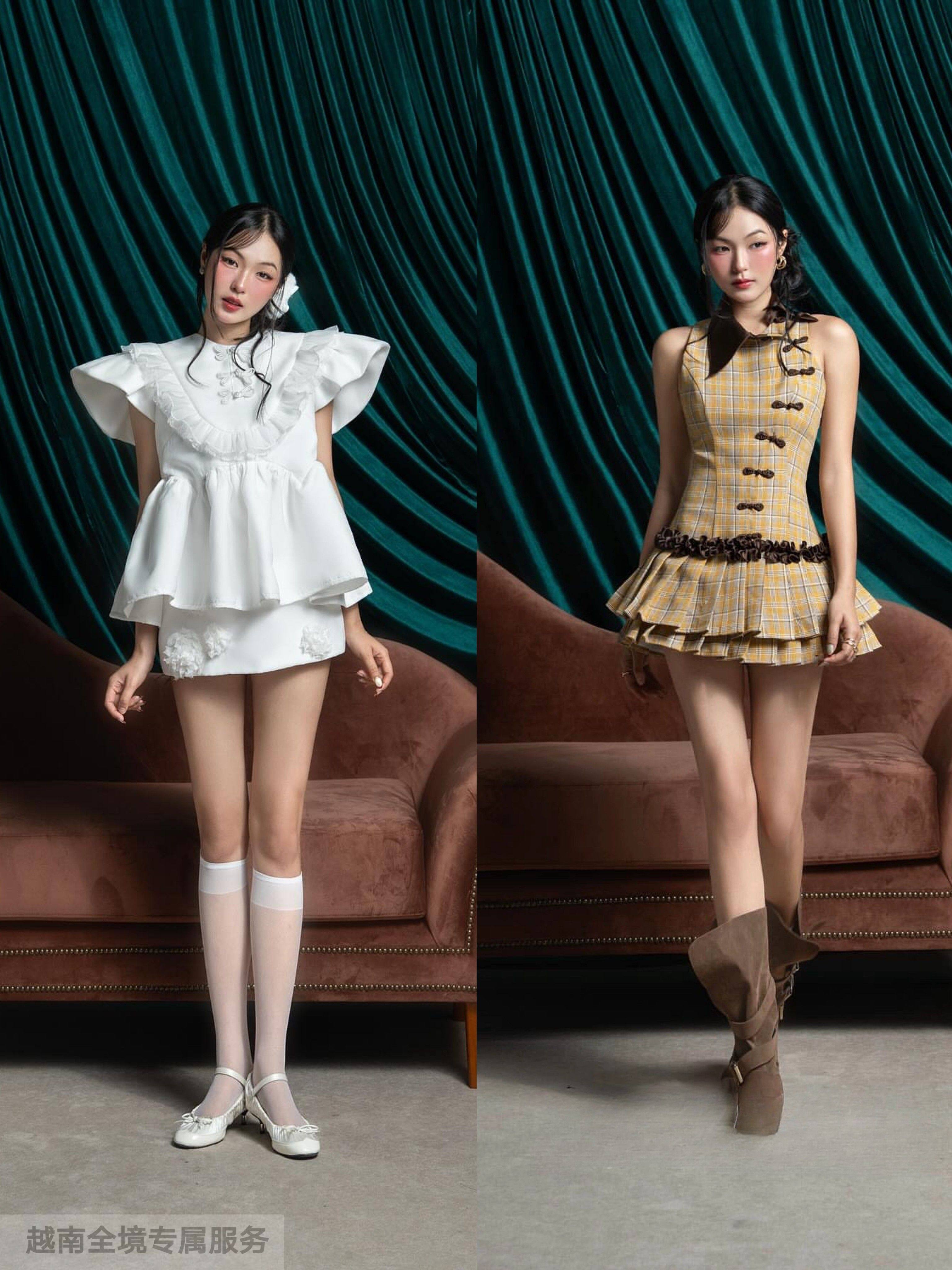 越在线越南小众the swan清新可爱少女风娃娃装短裙格子花苞百褶裙