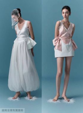 越在线越南小众oia甜美亮面V领蝴蝶结背心包臀短裙/灯笼裤套装