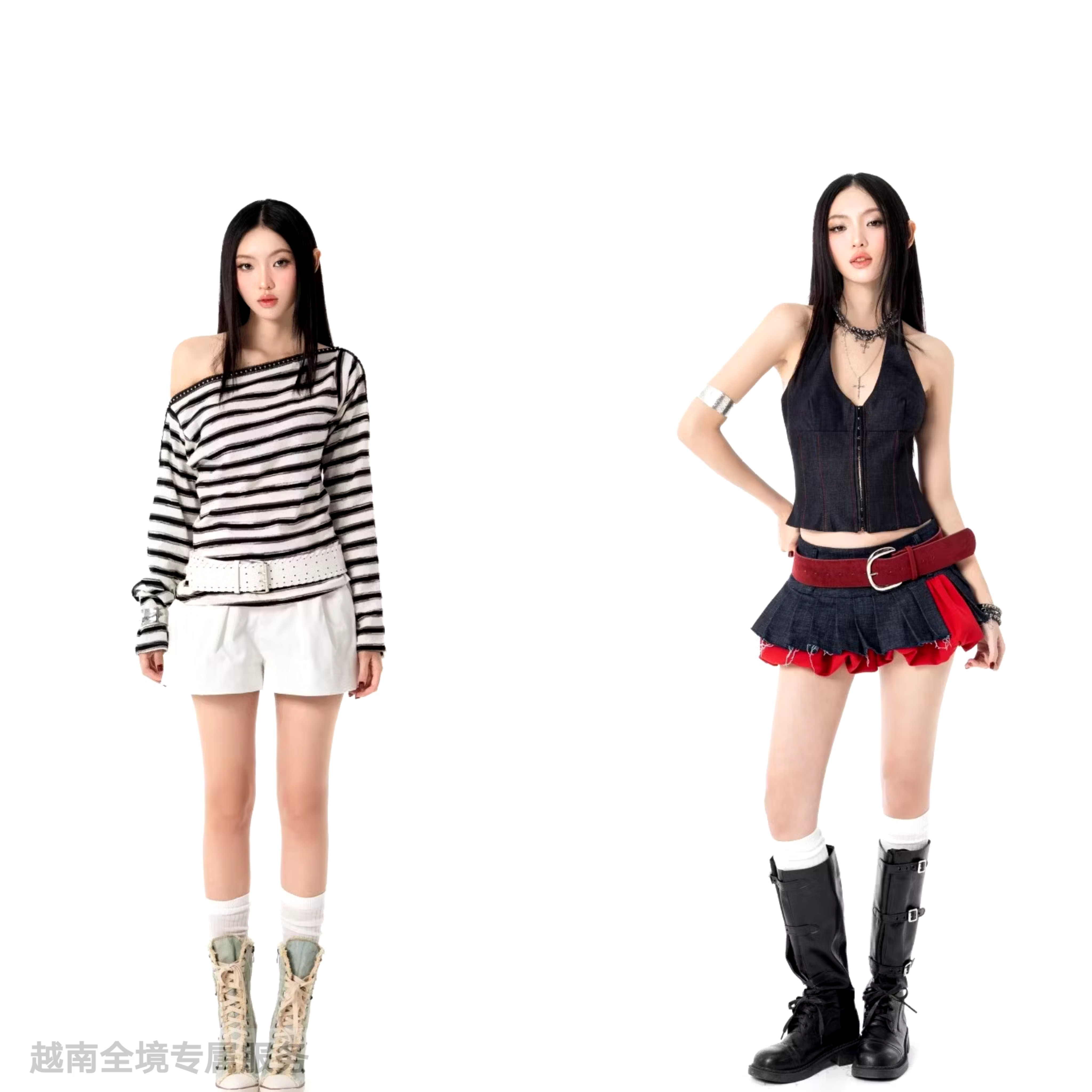 越在线越南小众hoo新款简约条纹长袖/挂脖露背短裙/短裤套装