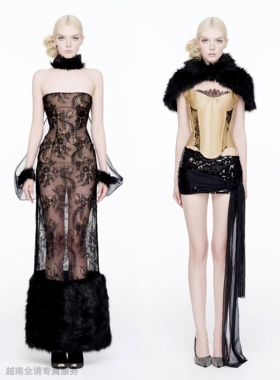 越在线越南小众doublebizz蕾丝抹胸毛毛边连衣裙吊带短裙披肩套装