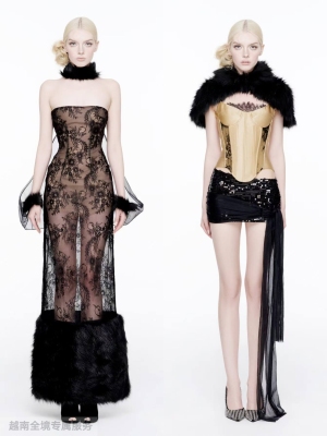 越在线越南小众doublebizz蕾丝抹胸毛毛边连衣裙吊带短裙披肩套装