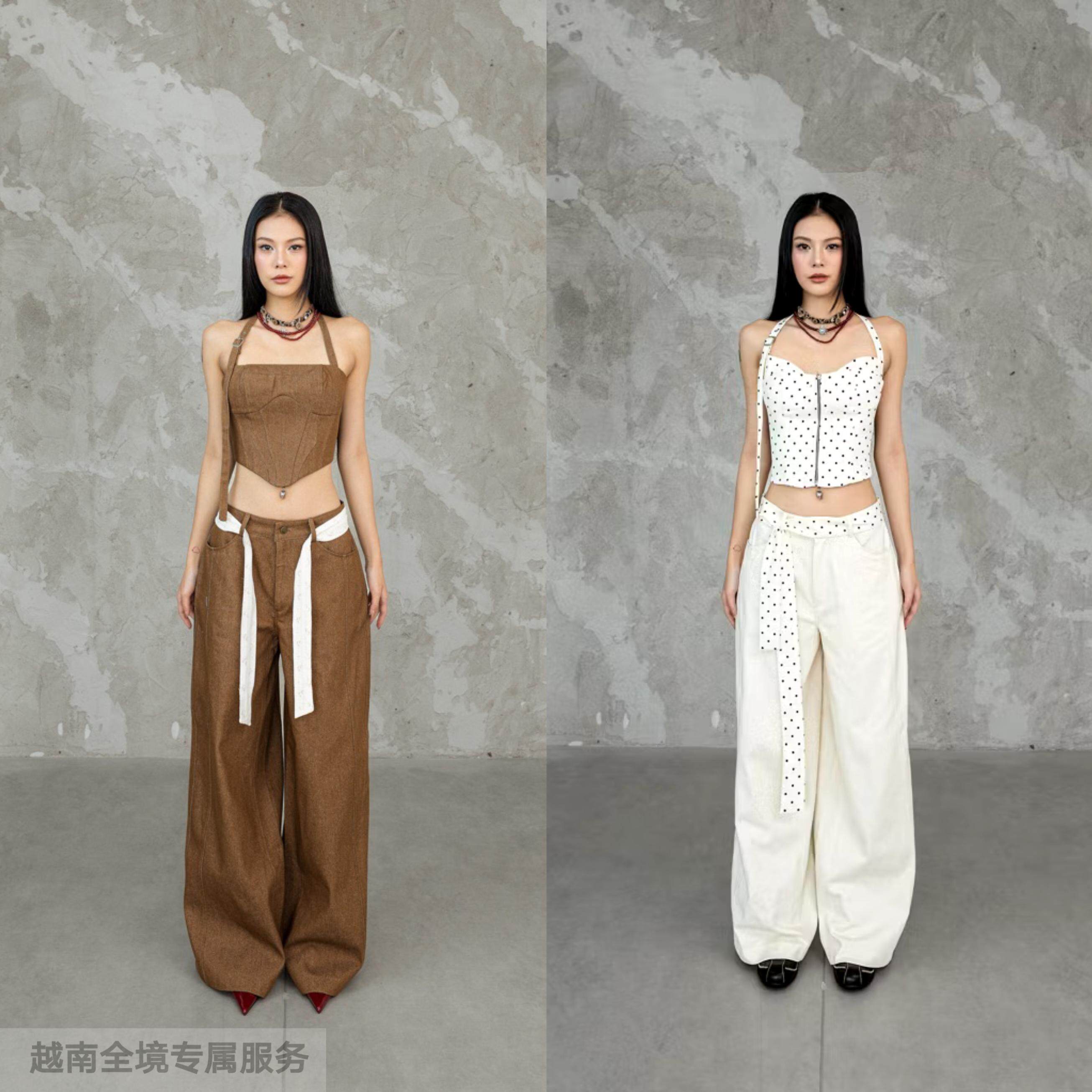 越在线越南小众cera简约时尚国际范波点/肚兜吊带/休闲裤套装