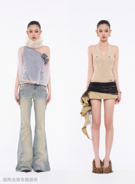 越在线越南小众Tsun简约甜美斜肩立体花网纱上衣/捆边飘带短裙