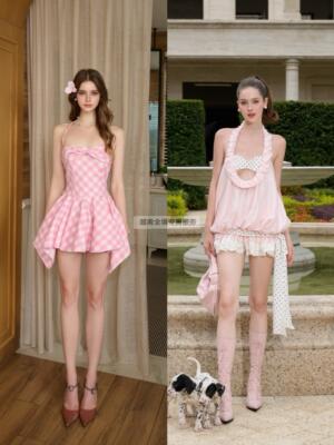 越在线越南小众ameliee新款甜美可爱格子抹胸连衣裙/挂脖连衣裙