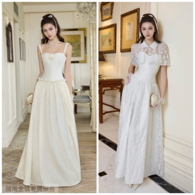 越在线越南小众amelie新款优雅杯型吊带连衣裙+欧根纱花卉连衣裙