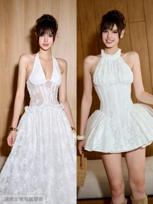 越在线越南小众ameliee高贵典雅女神范深V网纱长裙/挂脖高腰短裙