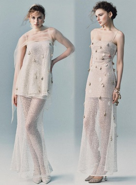 越在线越南小众mirae时尚气质钉珠吊带蕾丝飘逸仙气长裙