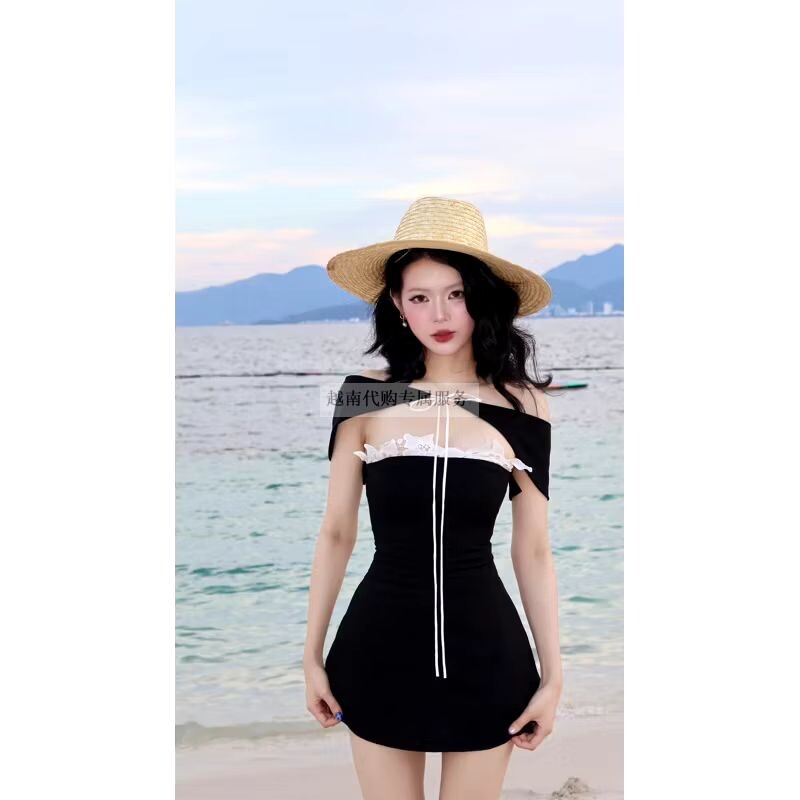 越在线越南小众aguja甜美海边度假风抹胸带披肩收腰蕾丝捆边短裙