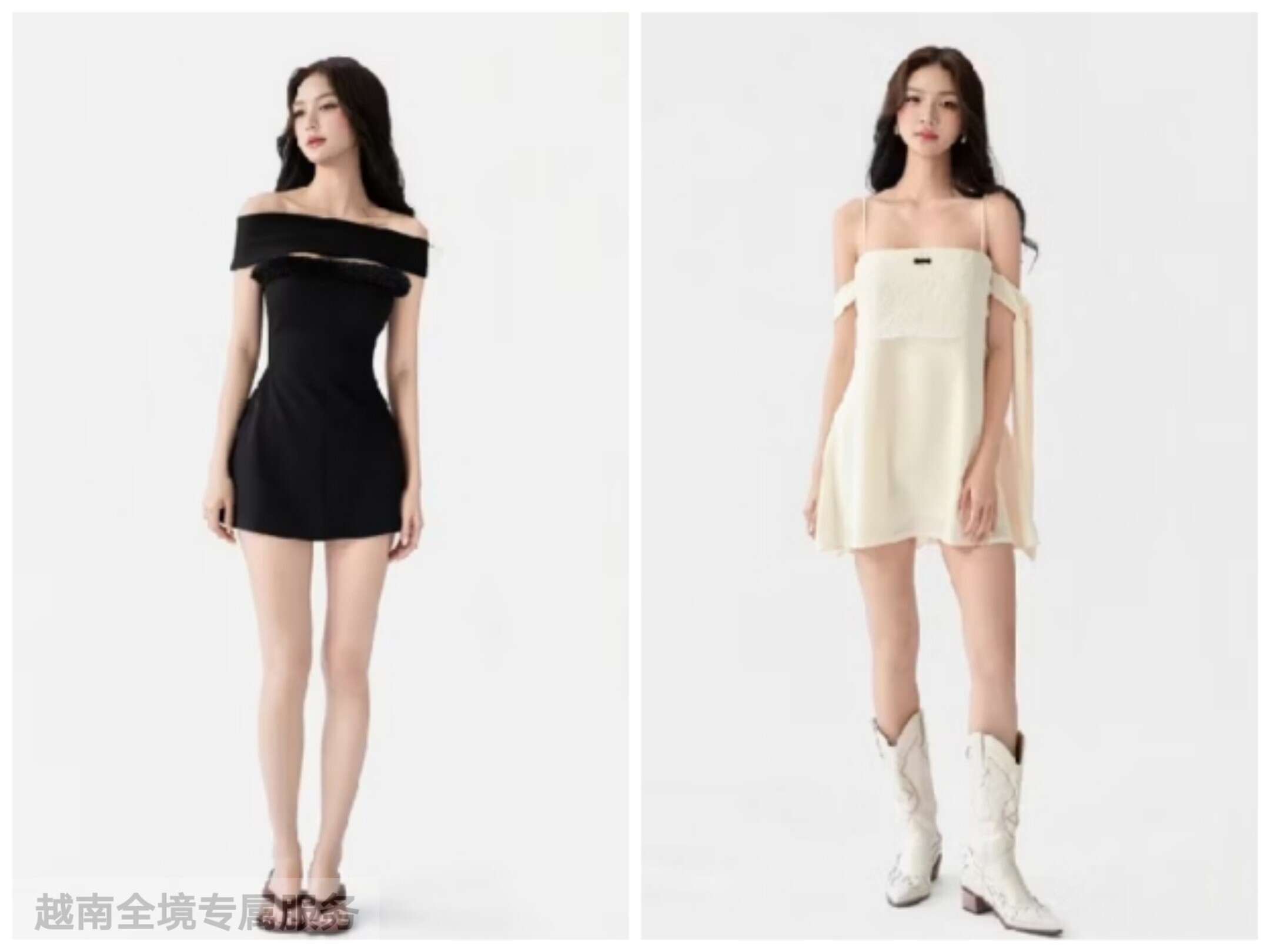 越在线越南小众Aguja新款一字肩露肩包臀连衣裙+拼接双吊带连衣裙