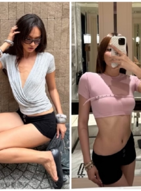 越在线越南小众powr新款修身百搭短T恤短裤套装+扣带短款露脐上衣