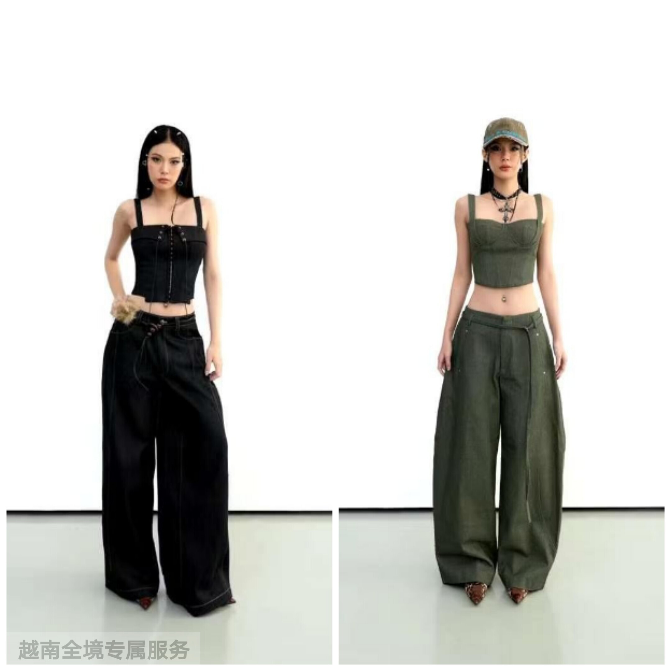 越在线越南小众cera背抽绳吊带阔腿裤套装+翻领吊带阔腿牛仔套装