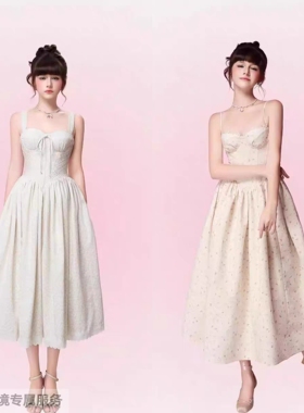 越在线越南小众belang新款甜美优雅抹胸鱼骨繁花绑带蓬蓬连衣长裙