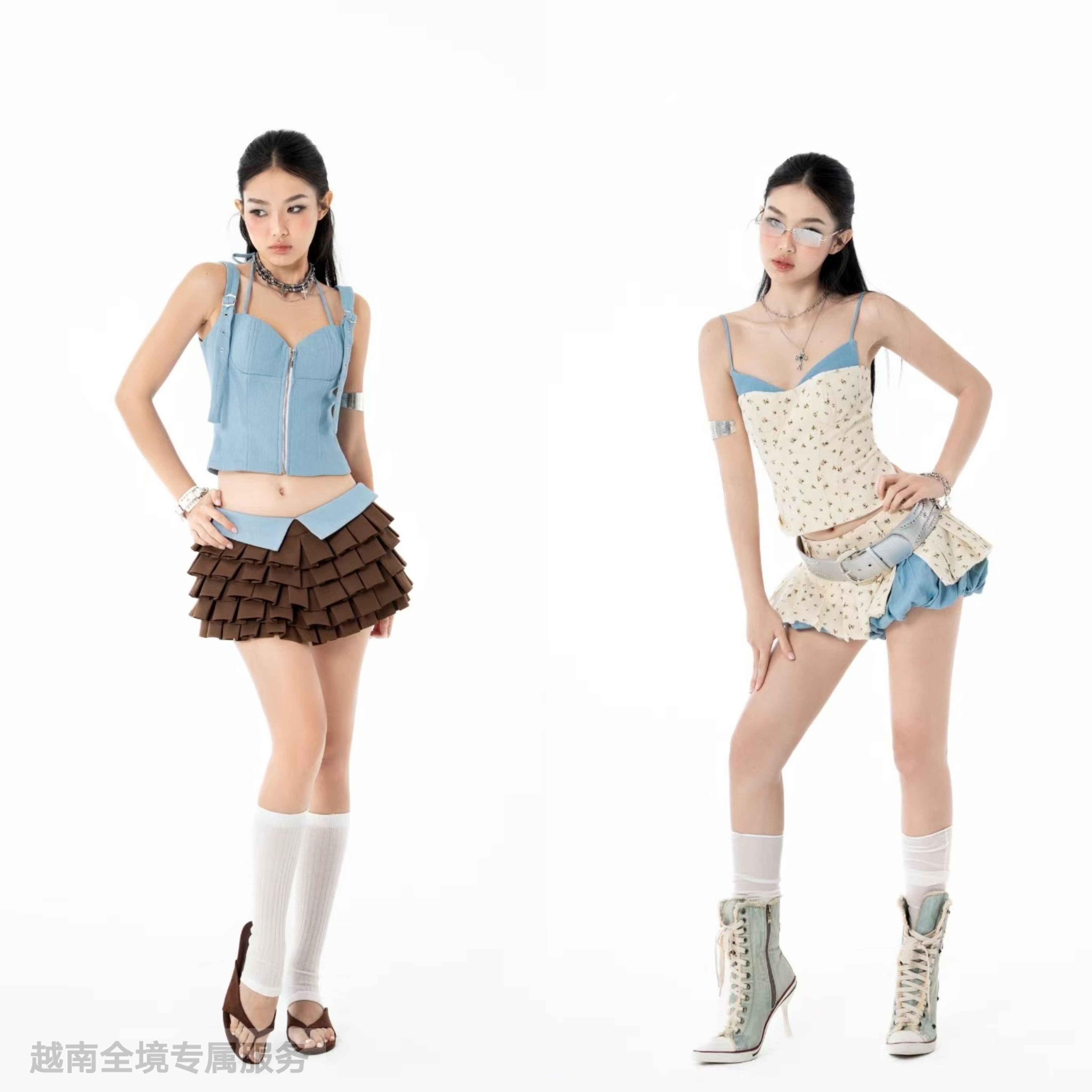 越在线越南小众hoo时尚气质优雅拉链/小碎花吊带背心短百褶裙套装