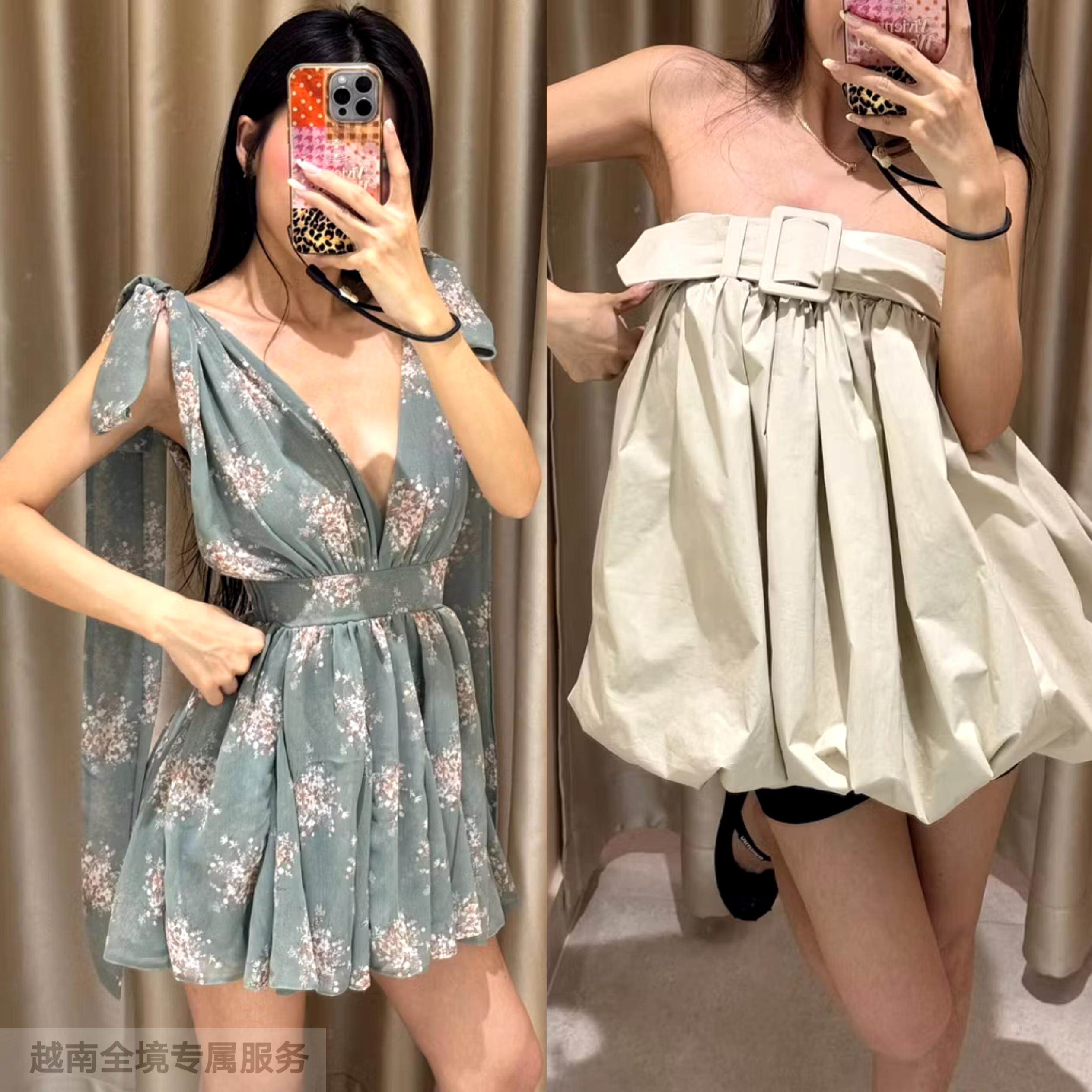 越在线越南小众vintagegout小清新蝴蝶结抹胸/碎花腰带蓬蓬连衣裙