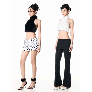 越在线越南小众urban新款 性感辣妹挂脖露肩系带毛毛背心