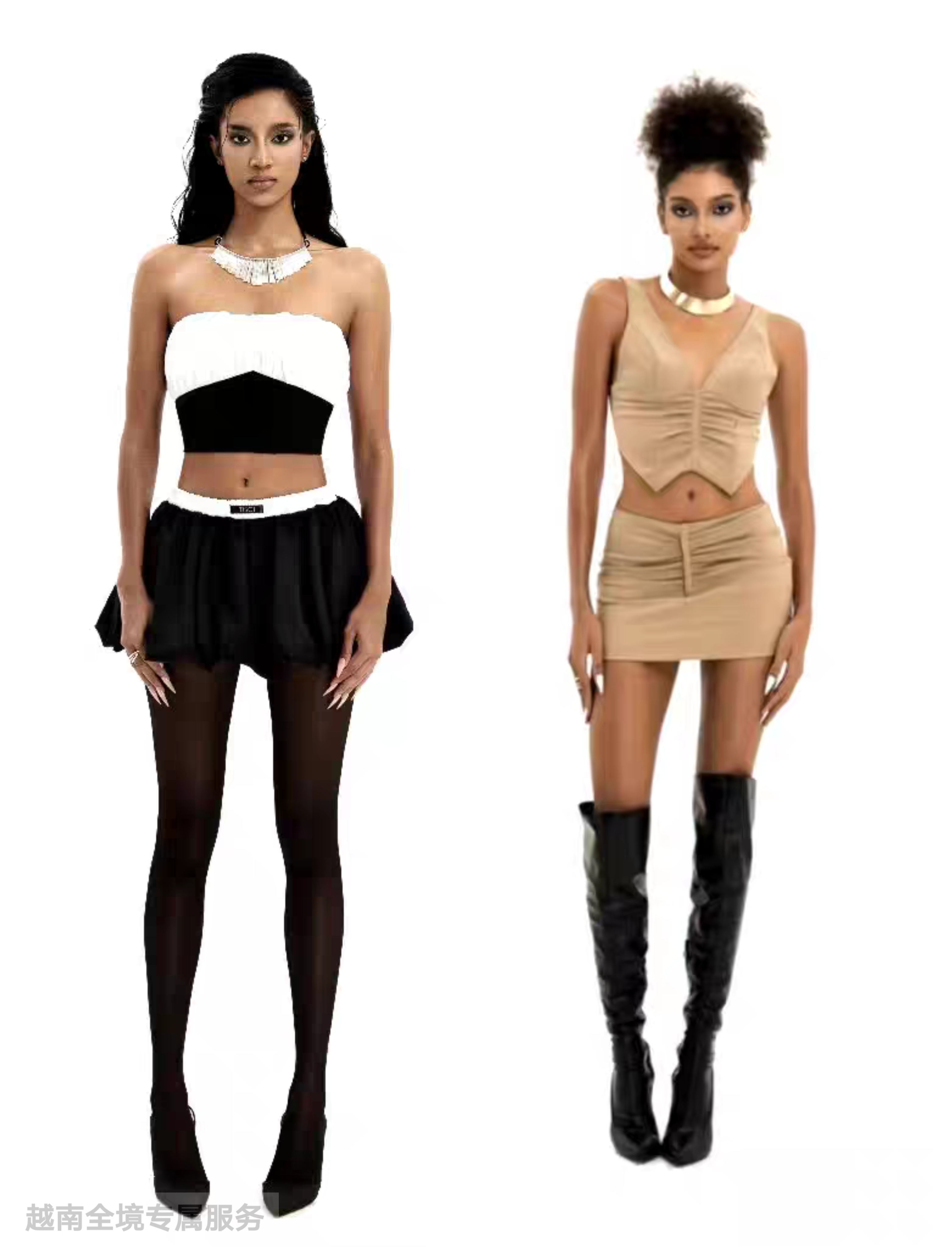 越在线越南小众tisci简约时尚国际范撞色抹胸/V领褶皱包臀套装