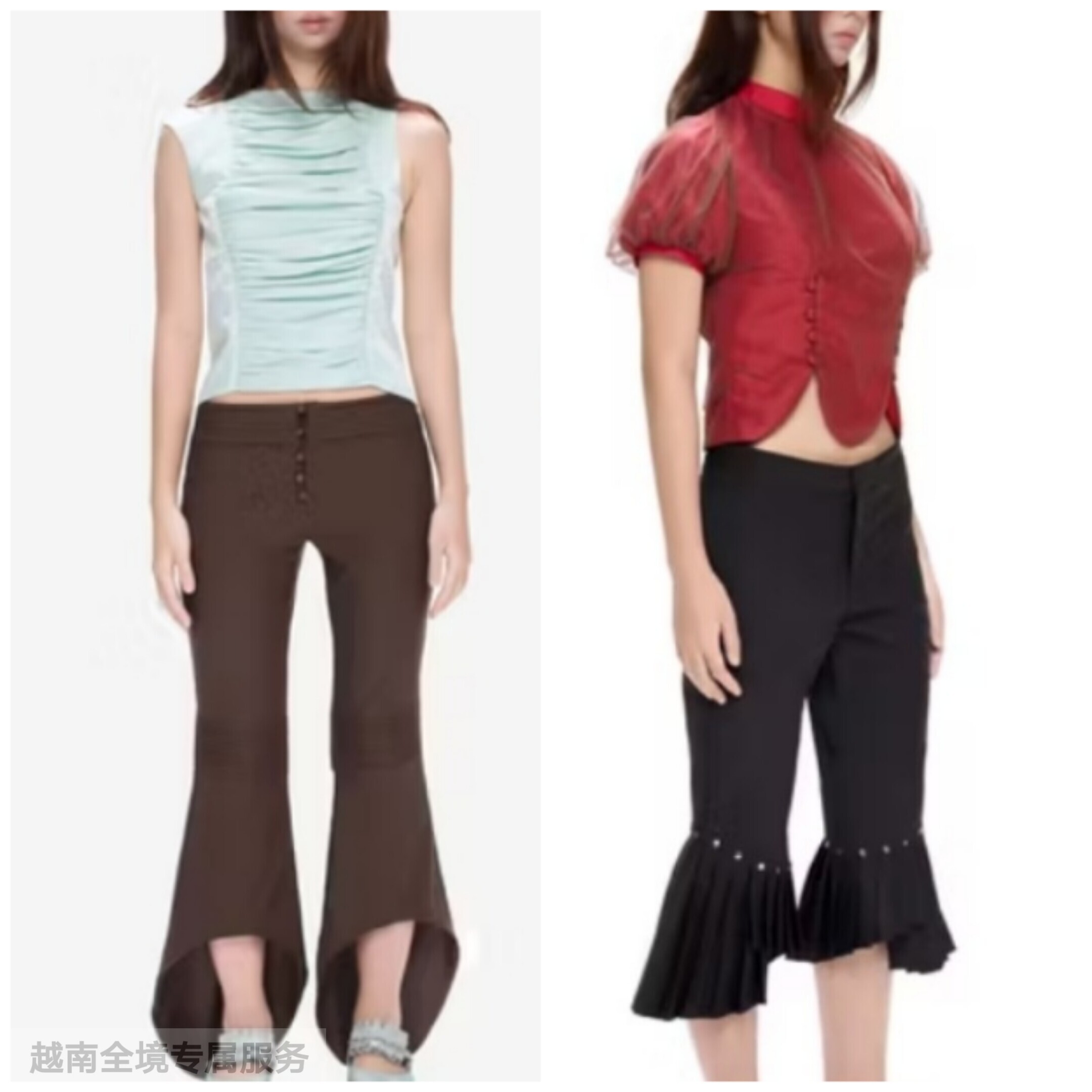 越在线越南小众aeie新款泡泡袖上衣+褶皱上衣荷叶边喇叭裤套装