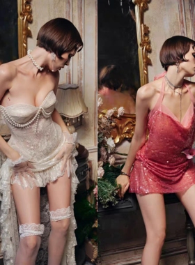 越在线越南小众ninisesi新款时尚百搭亮片挂脖连衣裙/飘带短裙