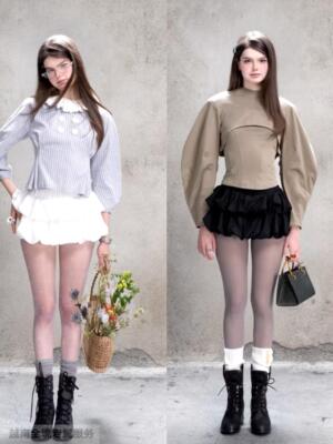 越在线越南小众mania甜美风娃娃领条纹/半高领镂空上衣花苞裙套装