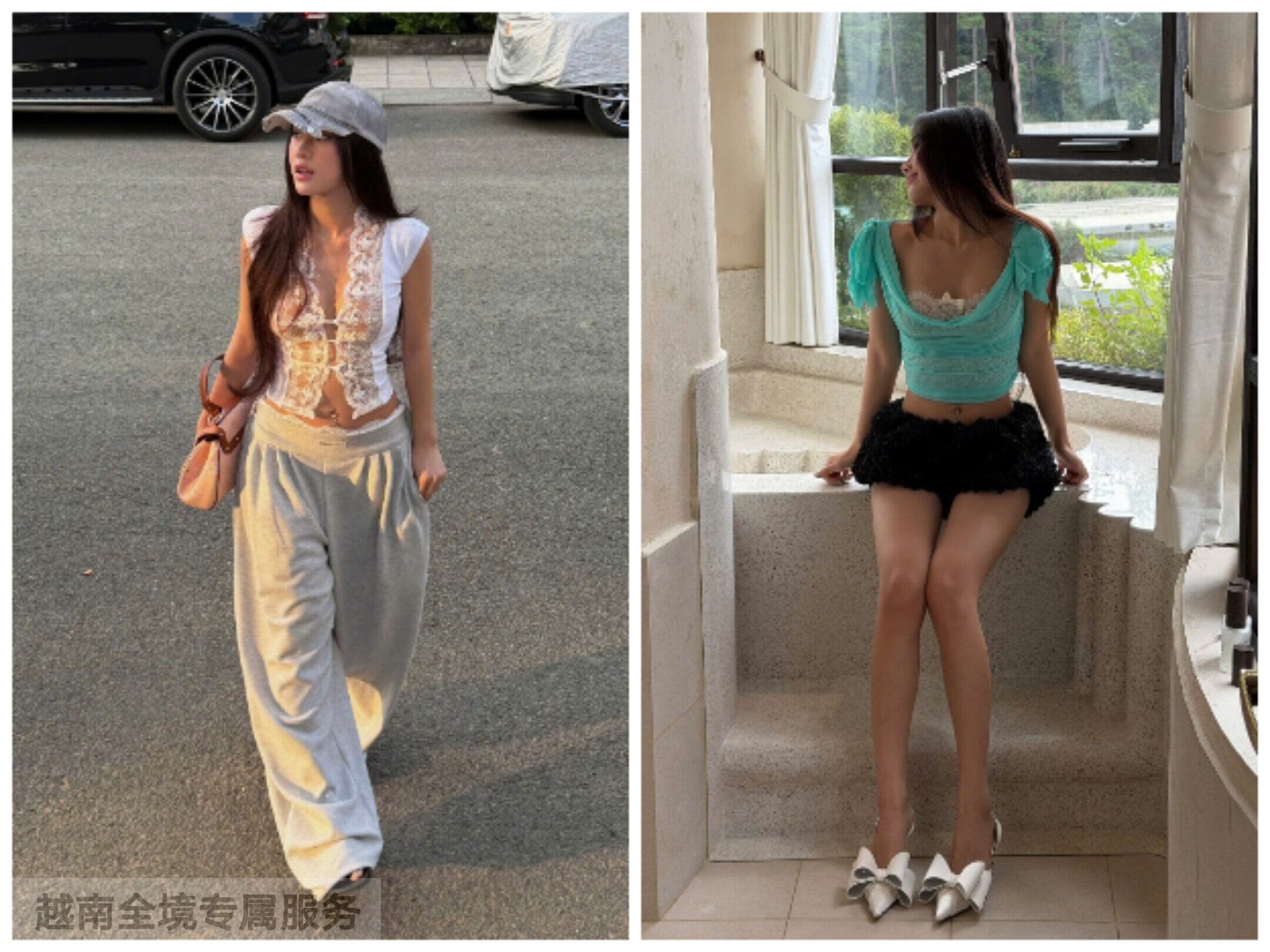 越在线越南小众tinymood新款蕾丝上衣阔腿裤套装+U领上衣短裤套装