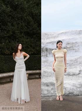 越在线越南小众ononmade纯欲风褶皱修身包臀/立体花吊带飘逸长裙