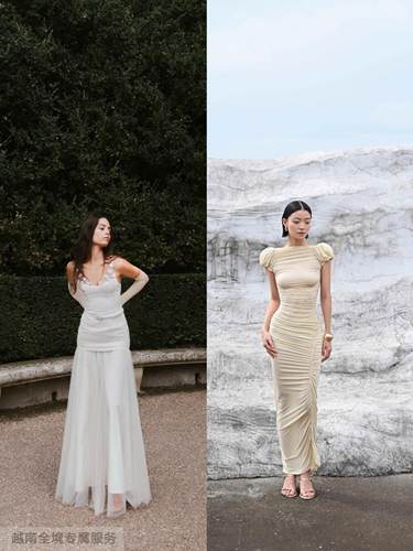越在线越南小众ononmade纯欲风褶皱修身包臀/立体花吊带飘逸长裙
