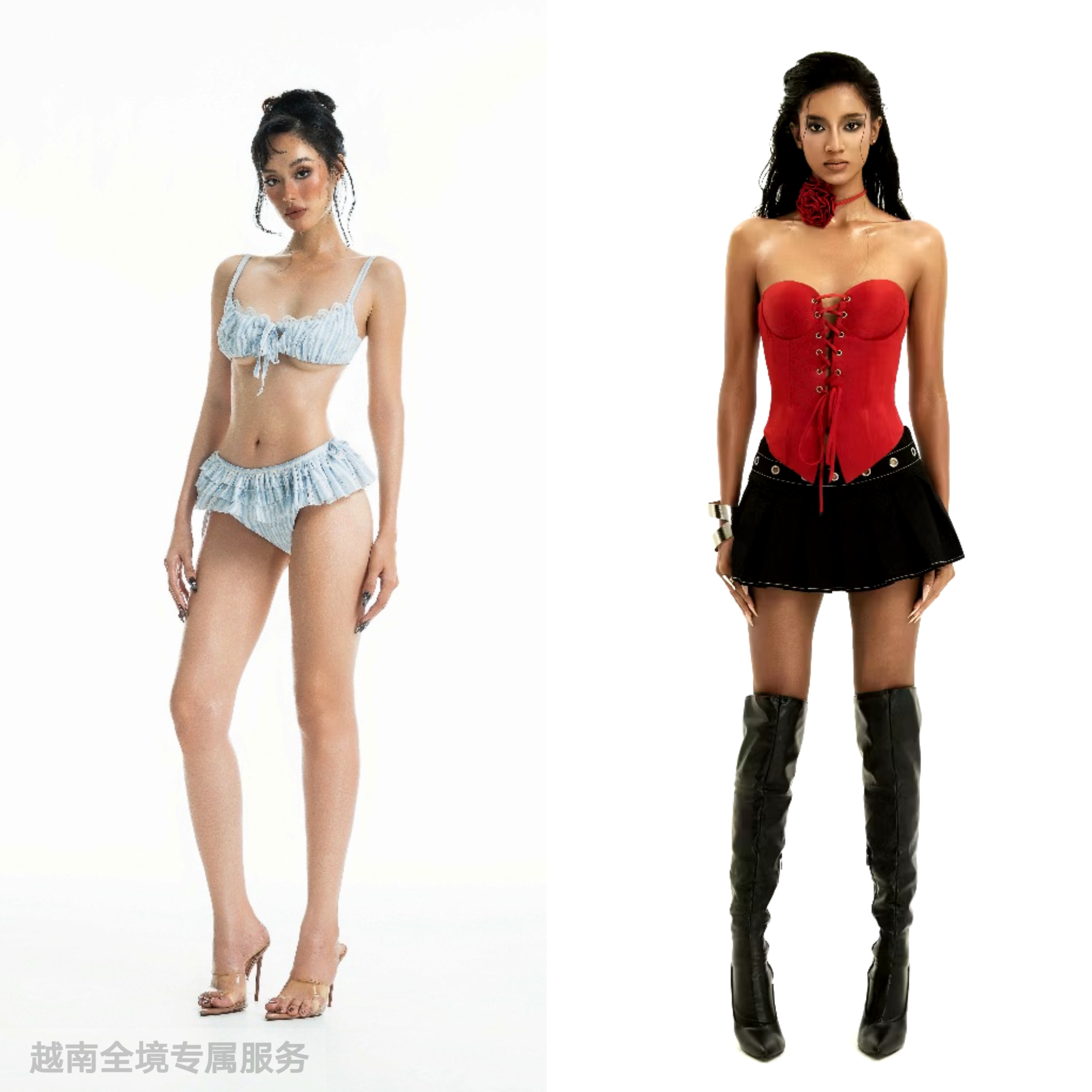 越在线越南小众tisci时尚气质荷叶边抹胸上衣短裤/撞色抹胸套装