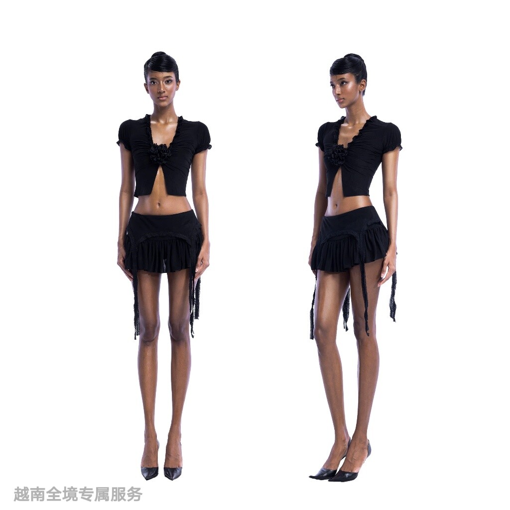 越在线越南小众depass性感简约修身显瘦短袖露脐上衣流苏短裙套装