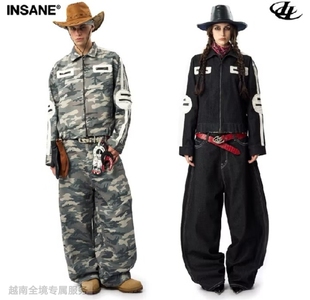 越在线越南小众insane新款慵懒风翻领夹克服工装裤套装
