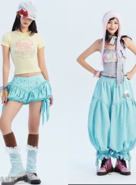 越在线越南小众mangata时尚可爱印花条纹短袖上衣短裤/长裤套装