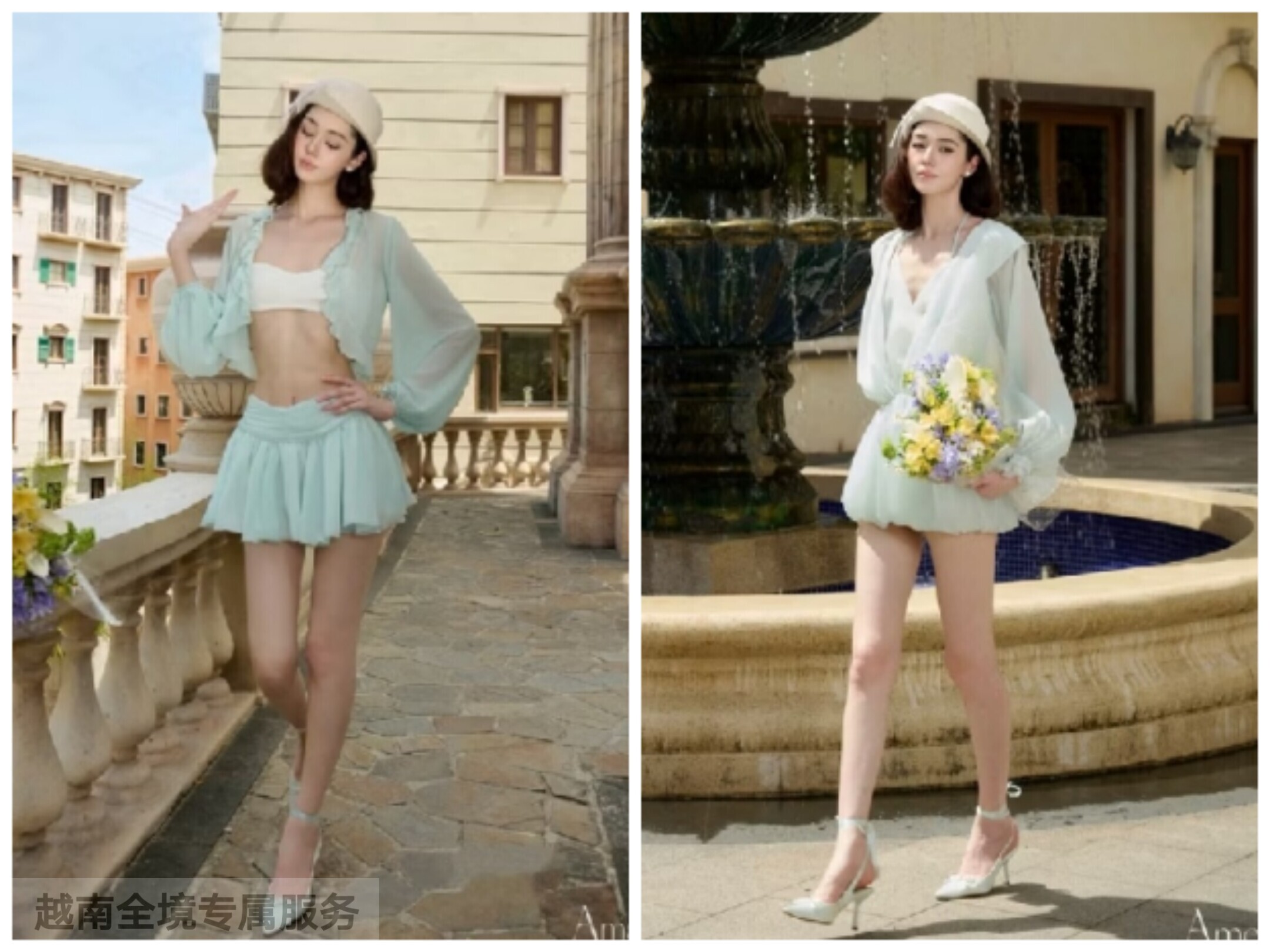 越在线越南小众ameliee新款泡泡长袖花苞短裙+内搭开衫百褶裙套装
