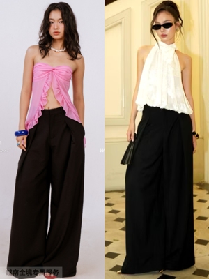 越在线越南小众originality纯欲风露肩荷叶边露脐上衣/阔腿裤套装