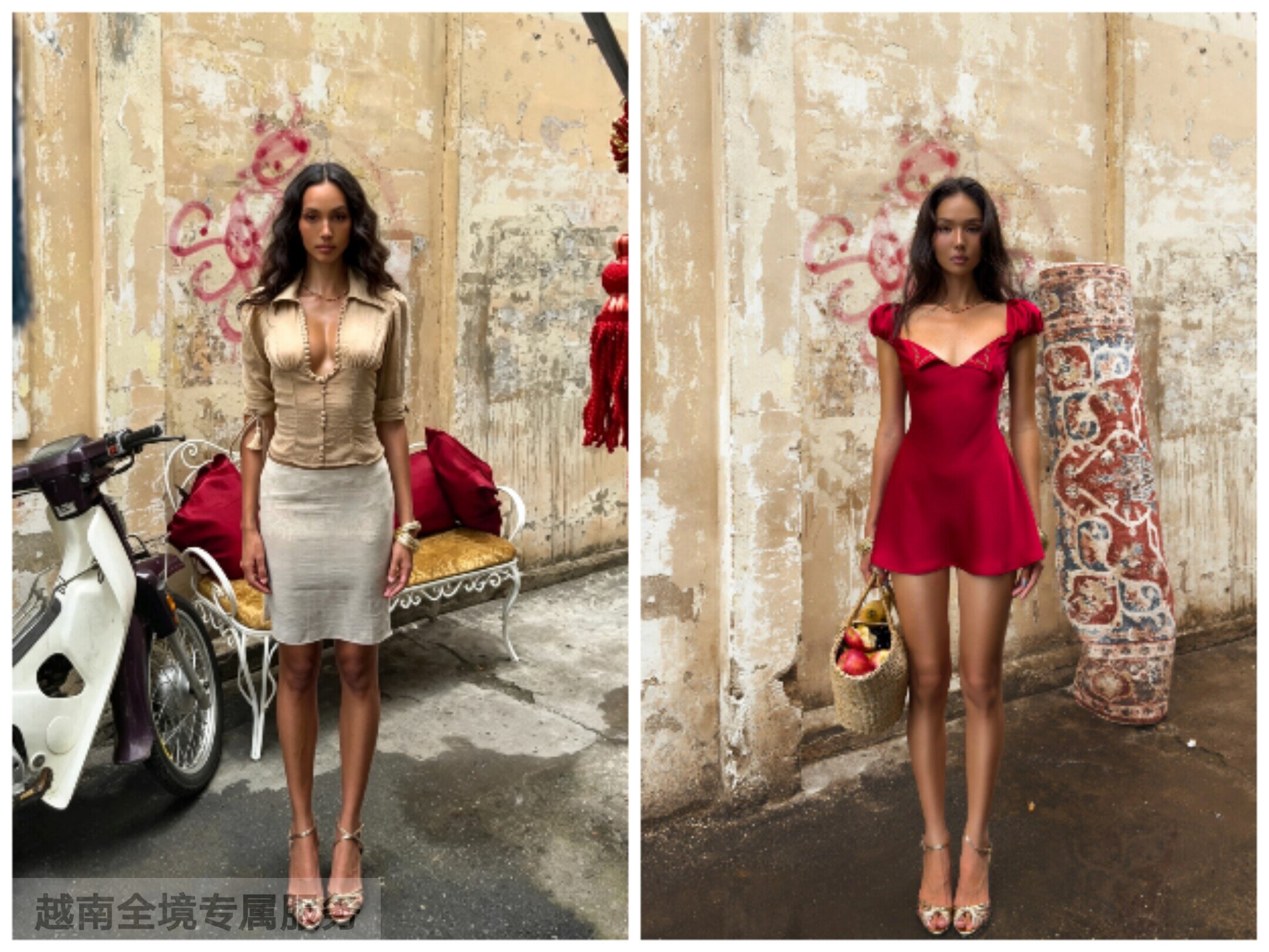 越在线越南小众huelley新款V领短款连衣裙+U领中袖上衣半身裙套装