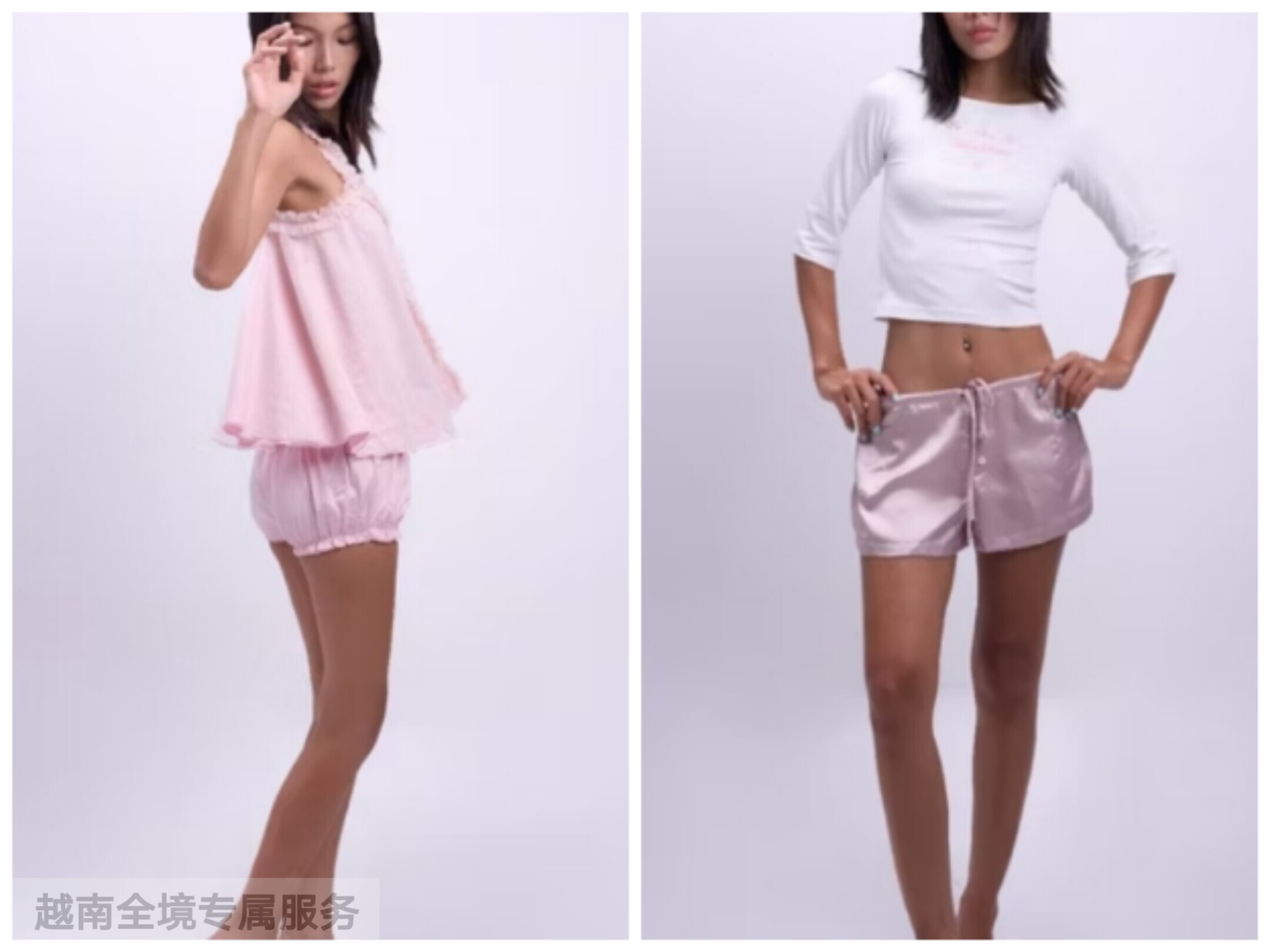 越在线越南小众errorist新款小清新V领短裤套装+短款中袖短裤套装