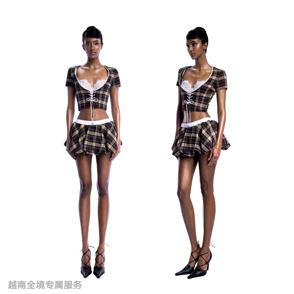 越在线越南小众depass甜美可爱少女风大U领蕾丝系带格子短裙套装