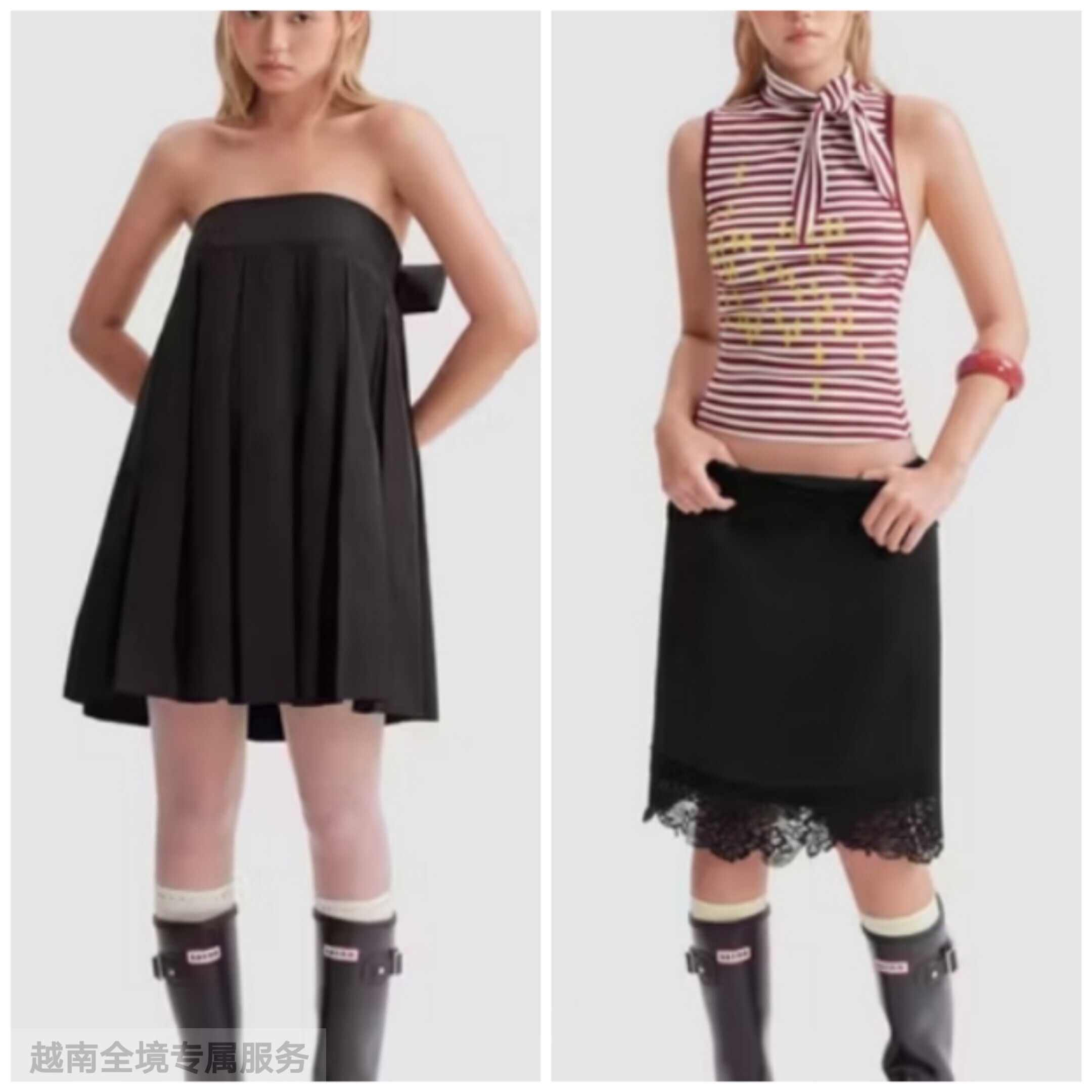 越在线越南小众eie新款抹胸连衣裙+条纹背心蕾丝边半身裙套装