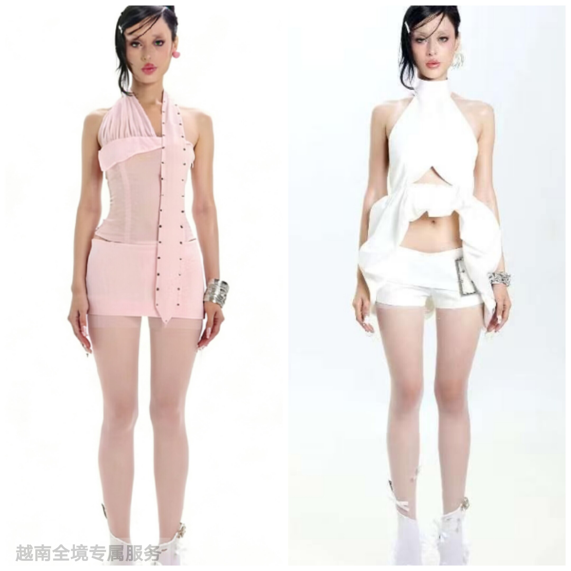 越在线越十年越南小众CO挂脖吊带短裤套装+挂脖子绑带半身裙套装