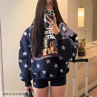 越在线越南小众whenever复古风星星印花连帽卫衣休闲短外套