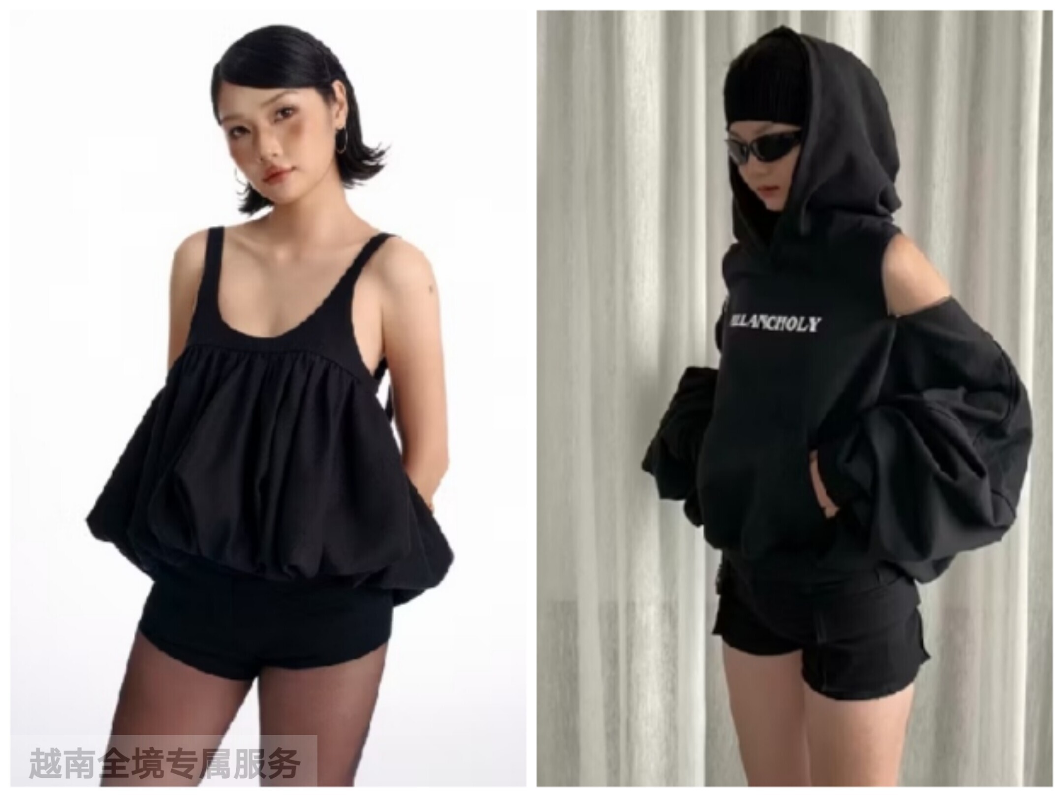 越在线越南小众Melan新款辣妹风露背吊带+独特后背拉链连帽卫衣