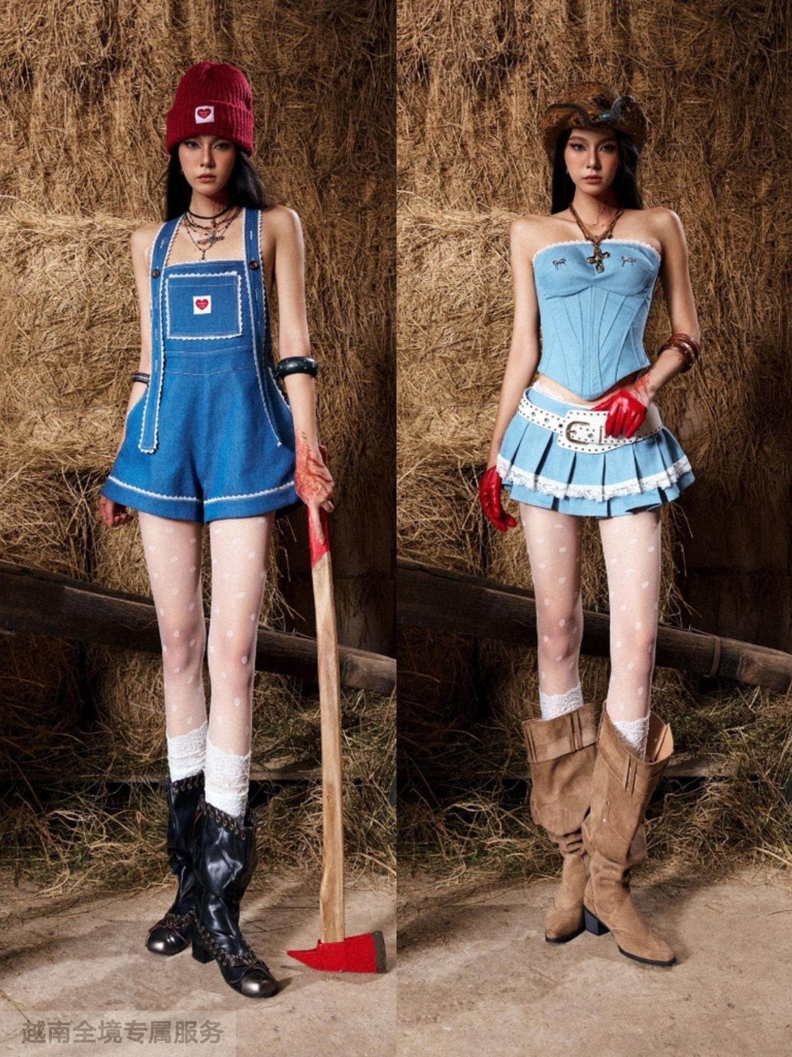 越在线越南小众sodope清新甜美可爱吊带连体裤鱼骨抹胸百褶裙套装