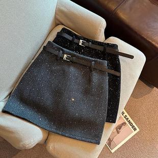 小香风灰色细闪亮片半身裙女秋冬高腰显瘦a字包臀裙小个子短裙子