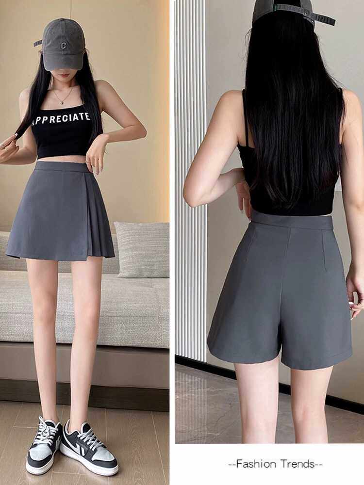 胖mm大码西装短裤女2026夏百褶裙裤灰色高腰显瘦阔腿A字半身裙裤