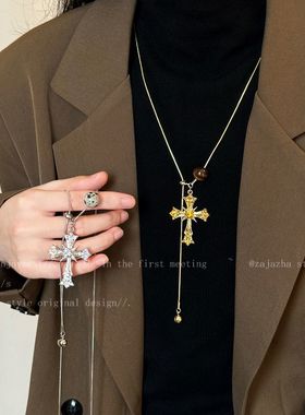中古金色十字架项链秋冬高级感轻奢小众设计毛衣项链女款美拉德潮